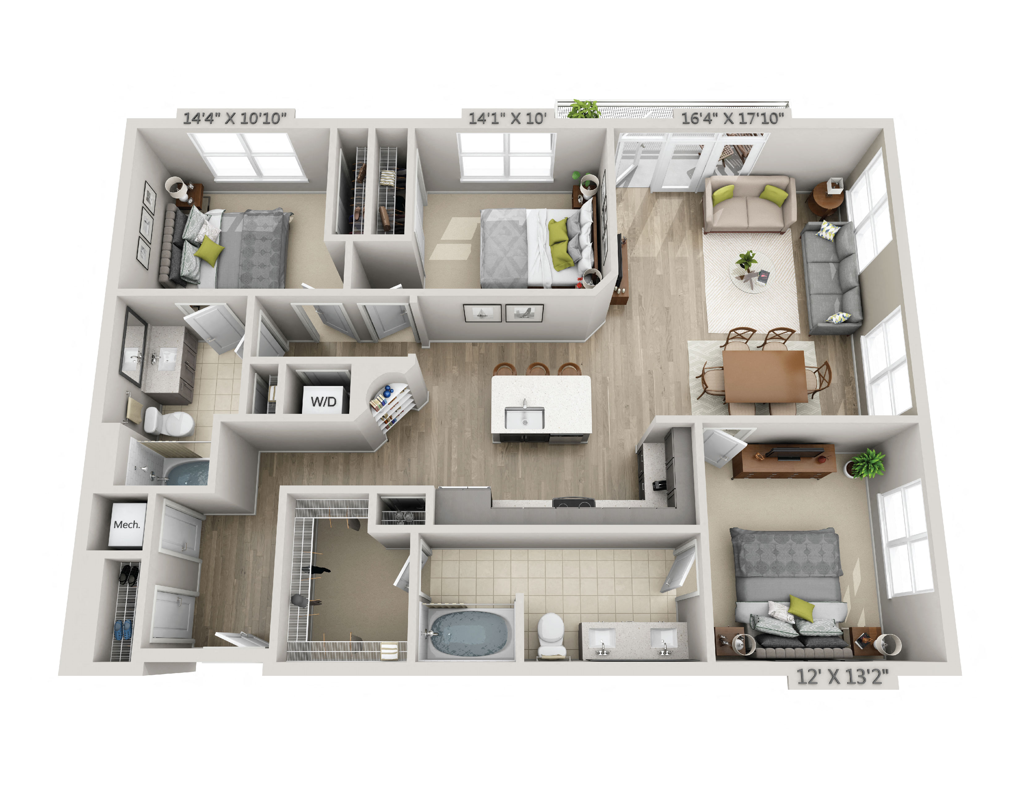 Floor plan for 3 beds, 2 baths, 1385 sqft